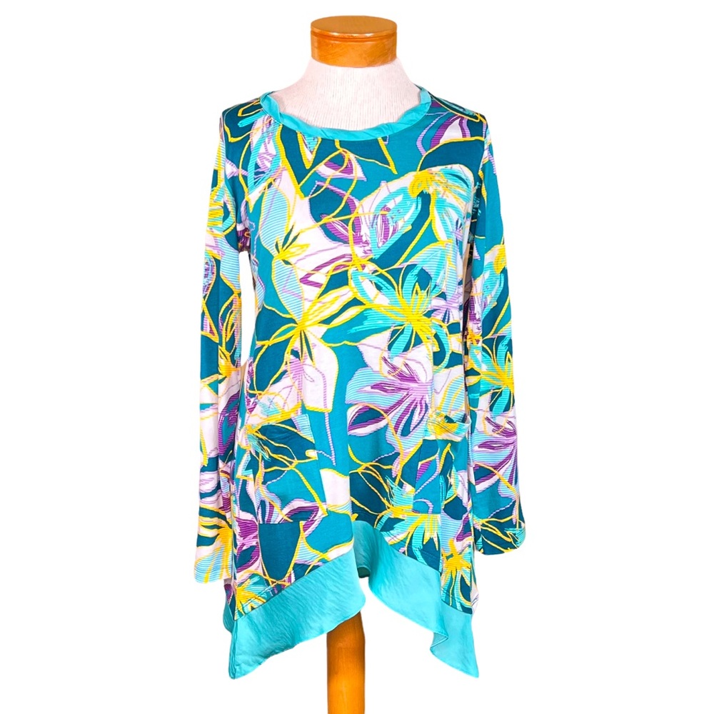 LOGO Lori Goldstein Tropical Print Tunic with Pockets XS-S